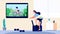 Home sport. Woman training in living room. Cycling on TV, girl on exercise bike. Online video sports lesson vector