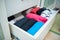 Home storage system for children clothes. Organizer for underwear. Organizational space - management of environment. Storage of