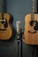 A home studio condenser microphone in front of guitars.