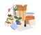 Home stuff packed in cardboard boxes. House decorations, lot of plants in carton packages pile, heap. Property