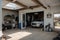 Home suburban countryside modern car and ATV double garage interior with wooden shelf, tools and equipment stuff storage warehouse