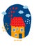 Home Sweet Home. Infantile Style Nursery Art with Cute House with a Red Roof in a Blue Frame.