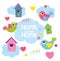 Home sweet home, vector set cartoon birds, hearts, bird house.