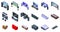 Home theater icons set isometric vector. Computer speaker