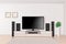 Home theatre. Tv set system in interior big modern multimedia system home theatre in living room vector realistic