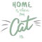 Home is where your cat is. Vector hand drawn saying with cat mustache. Funny sign card black cat. Twxt illustration poster, banner