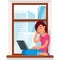 Home work woman on window at computer vector illustration