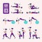 Home workout set. Set of sport exercises. Exercises with free weight.Illustration of an active lifestyle. Woman doing fitness and