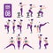 Home workout set. Set of sport exercises. Exercises with free weight.Illustration of an active lifestyle. Woman doing fitness and