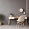 Home workplace with wooden drawer wring desk and white chair against window near grey wall. Interior design of home office