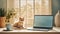 Home workspace with adorable kitty ai generated laptop template