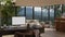 Home workspace with a computer on a table in a modern spacious living room with glass wall