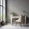 Home workspace with white drawer writing desk and grey chair against of window near grey stucco wall