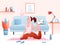 Home yoga flat vector illustration, cartoon young beautiful woman character sitting in asana yoga pose, healthy sport
