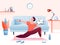 Home yoga practice flat vector illustration, cartoon happy man character practicing yogi asana exercises in home living