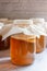 Homebrew fermented drink Kombucha in a glass jar, Kombucha SCOBY