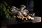 homegrown oyster mushrooms on a log in a dimly-lit room