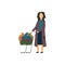 Homeless beggar woman with cart in poor condition flat vector illustration isolated.