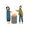Homeless couple of beggars warming with the fire flat vector illustration isolated.