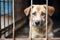Homeless dog in animal shelter cage. Generative AI