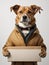 a homeless dog in a jacket holds an empty banner sign in its paws on white background