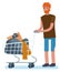 Homeless man with beard pushing a shopping cart with all his possessions on a white background. cartoon style vector