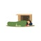 Homeless man character sleeping on the street in cardboard box, unemployment male needing for help cartoon vector