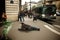 Homeless man in Paris laying on the ground