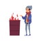 Homeless man stands warming his hands by fire burning in barrel cartoon style