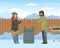 Homeless Man and Woman in Rags Warming Near Burning Fire in the Street Vector Illustration