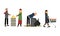 Homeless People Characters Warming Near Fire and Searching for Food in Trash Bin Vector Illustration Set