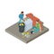 Homeless people, poor people in the trash isometric vector illustration