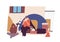 Homeless people sitting near tent on the city street vector flat illustration. Poor guy and elderly man refugees having