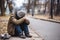 A homeless person covers his face and wears a torn hat. Ragged, dirty, sitting on the side of the road in the capital