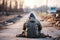 A homeless person covers his face and wears a torn hat. Ragged, dirty, sitting on the side of the road in the capital