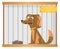 Homeless puppy in metal cage. Cartoon dog shelter