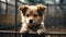 Homeless puppy sits behind bars in a dog shelter and waiting for the owner for adoption