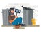 Homeless sad poor man sits on the ground near garbage containers with with help plate and cat vector illustration