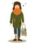 Homeless. Shaggy man in dirty rags flies and with a package in his hand. Vector illustration.