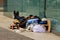 A homeless sleeps in a city center street.