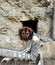 Homeless street puppy crawling out of the basement