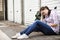 Homeless Teenage Girl On Streets With Rucksack