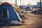 Homeless tent camp and garbage along the road in a modern city