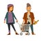 Homeless woman with cart of rubbish and drunk man