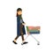 Homeless woman pushing shopping cart with her possessions, unemployment male needing for help cartoon vector