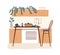 Homely kitchen interior with bar stools, modern table and food ingredients on it. Hygge design of dining room. Cozy and