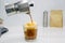 Homemade Affogato, Italian Moka coffee pot, affogato is dessert with coffee as base ingredient typically scooping a scoop of
