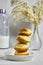 homemade Algeria Donut with apricot jam and powdered with sugar, bottle of milk and reeds vase