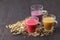 Homemade antioxidant summer fruits smoothie with oats on rustic