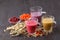 Homemade antioxidant summer fruits smoothie with oats on rustic